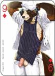 2018 abs anthro apron balls biped bottomwear brown_body brown_fur canid canine card card_template chef chef_hat clothed clothing copyright_symbol diamonds_(suit) digital_media_(artwork) english_text fonyaa fur genitals green_eyes hair hat headgear headwear humanoid_genitalia humanoid_penis looking_at_viewer male mammal muscular muscular_anthro muscular_male nine_of_diamonds nipples pants pecs penis playing_card playing_card_template raccoon_dog shirt simple_background smile solo standing suit_symbol symbol tanuki tanukiami text topwear