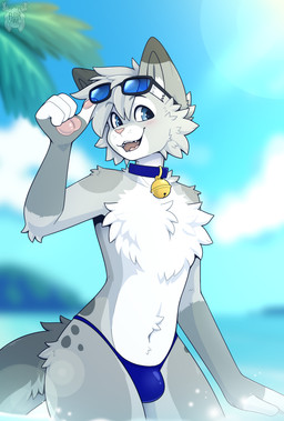 anthro beach bell bell_collar bikini bikini_bottom bikini_bottom_only blue_clothing blue_collar blue_eyes blue_eyewear blue_sunglasses blue_swimwear blurred_background blush bulge chest_tuft clothed clothing cloud collar dipstick_ears dipstick_fingers ear_markings eyewear eyewear_on_head femboy fluffy fluffy_chest fur gold_bell grey_body hair island looking_at_viewer male markings mostly_nude mostly_nude_anthro mostly_nude_male multicolored_ears open_mouth outside palm_tree pink_nose plant raising_glass seaside sky skyscape solo speedo speedo_only spots spotted_markings string_bikini sunglasses sunglasses_on_head swimsuit_only swimwear swimwear_only tail teeth tongue topless tree tuft two-piece_swimsuit water wearing_sunglasses fleurfurr nixuelle domestic_cat egyptian_mau felid feline felis mammal 2026 absurd_res digital_drawing_(artwork) digital_media_(artwork) hi_res