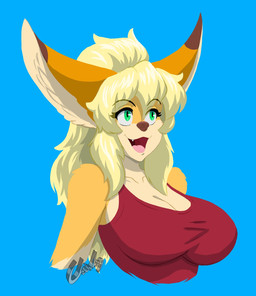 anthro blonde_hair breasts clothing ears_up eyebrows eyelashes female fur green_eyes hair looking_forward open_mouth orange_body orange_fur red_clothing red_shirt red_tank_top red_topwear shirt smile solo tank_top teeth teeth_showing tongue topwear chisheq nadia_(chisheq) canid canine fennec_fox fox mammal true_fox hi_res