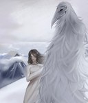 ambiguous_gender anthro beak clothed clothing duo faceless_character feathers female hair long_hair mountain size_difference sky smaller_female snow white_body white_feathers wind nymphgem avian cryptid erosion_bird human mammal hi_res