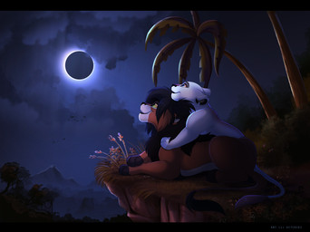 ambient_silhouette black_bars black_hair black_lips blue_eyes cloud detailed_background duo_focus eclipse female feral flying grass group hair happy lips male open_mouth outside paws plant silhouette sky smile sun teeth tongue kitchiki bahati jzanky ambient_bird ambient_flier avian bird felid lion mammal pantherine digital_media_(artwork)