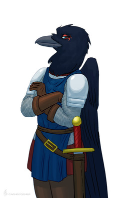 anthro armor beak belt black_body black_feathers blue_eyes bottomwear chainmail clothed clothing crossed_arms eye_markings feathered_wings feathers female gloves handwear markings melee_weapon pants pauldron plate_armor scabbard simple_background solo sword tabard topwear weapon wings carniscorner elenora_(bahumot) avian bird corvid corvus_(genus) oscine passerine raven digital_media_(artwork)