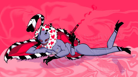 antennae_(anatomy) anthro boots cigar cigarette clothing footwear gloves handwear high_heeled_boots high_heels lying male nipple_piercing nipples nude on_front piercing pimp pose purple_body purple_skin shoes smoking solo wings radicalcanine8 hazbin_hotel hellaverse valentino_(hazbin_hotel) arthropod demon insect lepidopteran moth 16:9 hi_res widescreen