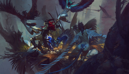 angry armor axe blue_body blue_feathers bone breasts butt feathers feet female fight group hair holding_axe holding_object nest open_mouth plant red_hair skull talons toes tree bayard_wu humanoid orc 2019 digital_media_(artwork) hi_res