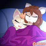 1:1 2017 2d_animation alfa995 animated anthro bedding blanket brown_hair deer digital_media_(artwork) doe_(alfa995) domestic_cat duo english_text eyes_closed eyewear felid feline felis female female/female glasses hair long_hair mammal patreon patreon_logo patreon_username queen_(alfa995) short_playtime signature sleeping smile text whiskers