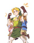 a_link_to_the_past aged_down blonde_hair blue_eyes boots breath_of_the_wild carrying_another child clothing ear_piercing ear_ring elf eunjuragi female flexing footwear gloves group hair handwear humanoid humanoid_pointy_ears hylian light_body light_skin link male nintendo not_furry ocarina_of_time open_mouth open_smile piercing ring_piercing shirt shoes signature simple_background smile square_crossover the_legend_of_zelda toon_link topwear tunic wind_waker young