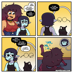 blue_body brown_body dialogue duo eyelashes eyewear female feral fur glasses larger_female licking mirror pupils quadruped raised_tail reflection self_lick size_difference smaller_female smile tail text tongue transformation muyharim mythology fran_(muyharim) mads_(muyharim) canid canine humanoid mammal mythological_canine mythological_creature vampire werecanid werecanine werecreature werewolf 1:1 comic english_text hi_res url