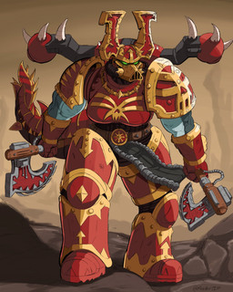 anthro armor axe belt big_breasts bottomwear breasts clothed clothing cuisse detailed_background female fully_clothed furgonomics gauntlets gloves greaves handwear headgear helmet holding_axe holding_object loincloth machine muscular muscular_female pauldron plate_armor power_armor sabatons solo space_marine standing tail tail_armor meeart117 warhammer_(franchise) black_legion 2025 hi_res