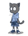 anthro black_body black_fur blue_clothing blue_eyes blue_hoodie blue_topwear clothing fist footwear fur hoodie male serious simple_background socks solo tail topwear white_background white_clothing white_footwear white_socks by_z7my domestic_cat felid feline felis mammal 2023 hi_res japanese_description