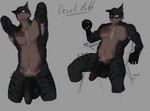 anthro balls big_balls big_penis burn_scar dark_body dark_fur fur genitals huge_balls huge_penis male mature_male penis scar sitting solo spread_legs spreading standing mrf0zzy derek_(mrf0zzy) canid canine fox mammal hi_res