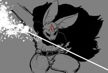 action_pose angry anthro battle belt belt_pouch black_cape black_clothing black_eyes cape clothed clothing dual_swords eyebrows featureless_crotch fighting_pose forehead_mark fur grey_background male melee_weapon motion_lines notched_ear partially_clothed pose red_facial_markings simple_background slash slashing solo sword thick_eyebrows topwear weapon akamaruburningred long_shadows the_beast_(long_shadows) domestic_rabbit flemish_giant lagomorph leporid mammal oryctolagus rabbit 2026 digital_media_(artwork) monochrome