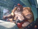 anthro belly big_belly biped bulge clothed clothing detailed_background hat headgear headwear humanoid_hands inside male musclegut muscular open_clothing open_shirt open_topwear overweight overweight_male shirt solo topwear underwear zorro_re disney talespin the_jungle_book baloo bear mammal sloth_bear ursine 2022 4:3 hi_res