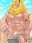 abs anthro asian_clothing blonde_hair bulge clothing east_asian_clothing flaccid fundoshi genitals hair japanese_clothing male mane muscular muscular_anthro muscular_male nipples pecs penis solo translucent translucent_clothing underwear wet wet_clothing fug@9 bandai_namco digimon digimon_(species) leomon 3:4