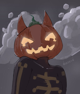 anthro black_body cloud female food for_a_head fruit gradient_background pattern_background plant pumpkin pumpkin_head simple_background sky smile smiley_face solo deazend epic_games fortnite fortnite:_battle_royale spice_(fortnite) felid feline humanoid mammal object_head absurd_res hi_res