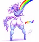 2020 absurd_res anthro big_breasts big_butt breasts butt clothing curvy_figure equid equine female footwear hair hi_res high_heels horn hourglass_figure lemonart looking_back mammal mythological_creature mythological_equine mythology nipples purple_hair rainbow rear_view shirt shoes side_boob simple_background solo sparkles tail thick_thighs topwear unicorn voluptuous wide_hips