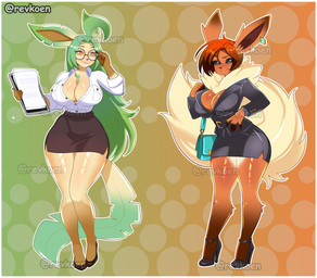 anthro anthrofied athletic big_breasts border breasts butt clothing collared_shirt dress_shirt duo female footwear generation hair high_heels huge_breasts looking_at_viewer office office_lady pokemorph shirt shoes side_slit_skirt simple_background small_waist smile tail thick_thighs topwear white_border wide_hips revkoen nintendo pokemon eeveelution felid feline flareon generation_1_pokemon generation_4_pokemon lagomorph leafeon lopunny mammal pokemon_(species) absurd_res digital_drawing_(artwork) digital_media_(artwork) hi_res