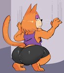 4_fingers anthro big_butt bottomwear breasts bulge butt clawing clawing_wall clothed clothing fingers fur glistening_eyelids gynomorph intersex kneeling lidded_eyes looking_at_viewer looking_back narrowed_eyes orange_body orange_fur shorts side_boob small_breasts solo spandex spandex_shorts tight_bottomwear tight_clothing tight_shorts whiskers cchilab hanna-barbera jellystone_(hbo_max) top_cat_(series) brain_(top_cat) domestic_cat felid feline felis mammal 2021 digital_drawing_(artwork) digital_media_(artwork) hi_res portrait