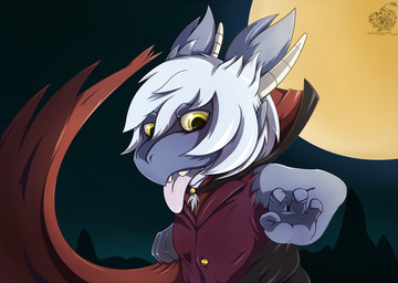 ambiguous_gender anthro chibi claws clothed clothing costume hair holidays looking_at_viewer open_mouth smile solo white_hair luxuria halloween mythology dragon mythological_creature mythological_scalie scalie vampire unavailable_at_source