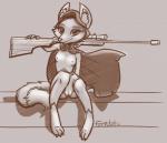 anthro breasts cape clothing female genitals gun hood looking_at_viewer mostly_nude nipples pose pussy ranged_weapon rifle sitting smile sniper_rifle solo weapon young young_anthro furnut tooth_and_tail kasha_(tnt) canid canine fox mammal 2017 black_and_white hi_res monochrome pinup