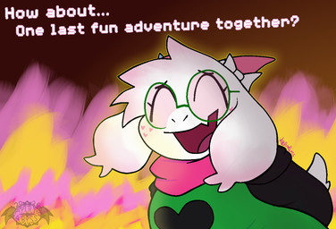 anthro blue_ribbon bovid_horn caprine_horn colored_fire curved_horn eyes_closed eyewear fire freckles fur glasses green_eyewear green_glasses heart_freckles horn open_mouth pink_eyes pink_fire pink_horn pink_lens pink_scarf scarf smile solo white_body white_fur white_ribbon apollysabyss deltarune undertale_(series) ralsei bovid caprine darkner goat mammal 2026 trans_(lore) trans_woman_(lore)