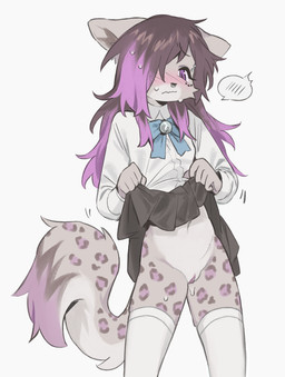 5_fingers anthro arms_bent bell biped black_bottomwear black_clothing black_eyebrows black_nose black_skirt blouse blue_ribbon blush blush_lines bodily_fluids bottomwear bow_ribbon breasts brown_hair brown_markings brown_spots cheek_tuft clitoral_hood clothed clothed_anthro clothed_female clothing clothing_lift collar countershade_face countershade_fur countershade_neck countershade_tail countershade_torso countershading dipstick_tail embarrassed eyebrow_piercing eyebrow_through_hair eyebrows eyelashes facial_piercing facial_tuft female female_anthro fingers fluffy fluffy_tail front_view fur fur_markings fur_tuft genitals grey_body grey_ears grey_fur grey_hands grey_piercing grey_tail grey_tuft hair hair_over_eye hip_markings humanoid_genitalia humanoid_hands humanoid_vulva iris leg_markings legwear long_eyelashes long_hair long_tail markings monotone_background monotone_blouse monotone_bottomwear monotone_clothing monotone_legwear monotone_shirt monotone_skirt monotone_stockings monotone_topwear mouth_closed multicolored_body multicolored_fur multicolored_hair multicolored_tail navel no_underwear nose_piercing nose_ring one_eye_obstructed piercing pink_blush presenting presenting_vulva pupils purple_clitoral_hood purple_eyes purple_hair purple_markings purple_spots purple_tail_tip purple_vulva ribbons ring_piercing septum_piercing septum_ring shirt simple_background skirt skirt_lift slim slim_anthro slim_female slit_pupils small_breasts solo spots spotted_body spotted_fur spotted_markings spotted_tail stockings sweat tail tail_markings thigh_markings topwear translucent translucent_hair tuft two_tone_hair vulva white_background white_blouse white_body white_clothing white_countershading white_fur white_legwear white_sclera white_shirt white_stockings white_tail white_topwear sp1nosaur noire_vala felid mammal pantherine snow_leopard absurd_res alternate_version_at_source english_description hi_res portrait three-quarter_portrait
