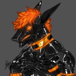 anthro claws glistening glowing grey_background hair latex male orange_eyes orange_hair orange_sclera simple_background smile solo teeth hellomyboi1028 k-2003 k-2173 kirisha living_latex living_toy sergal 1:1 signature