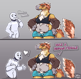 after_transformation anthro brown_body brown_feathers chest_tuft claws clothed clothing crop_top directional_arrow duo eyewear feathers ftm_transformation gender_transformation glasses grey_background grey_body grey_scales heart_symbol male midriff navel non-mammal_navel orange_body orange_feathers pube_peek pubes scales sharp_teeth shirt sickle_claw simple_background size_difference slightly_chubby tail tail_feathers teeth text toe_claws topwear transformation tuft white_body white_feathers kavdragun dinosaur dromaeosaurid feathered_dinosaur feathered_scalie human mammal prehistoric_species reptile saurischian scalie theropod utahraptor english_text hi_res