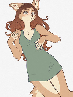 5_fingers anthro biped breasts brown_body brown_fur brown_hair brown_tail claws clenched_teeth clothed clothed_anthro clothed_female clothing countershade_fur countershade_torso countershading dress female finger_claws fingers front_view fur green_eyes hair looking_at_viewer solo tail teeth yshanii cotton_(yshanii) canid canine canis dingo mammal 2025 digital_drawing_(artwork) digital_media_(artwork) hi_res