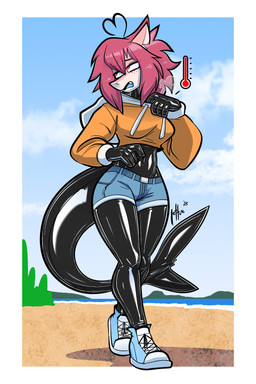 anthro black_bodysuit black_clothing black_latex black_skinsuit bodysuit bottomwear breasts clothed clothed_anthro clothed_female clothing cropped_hoodie female fin footwear hair heat_(temperature) latex latex_bodysuit latex_clothing latex_skinsuit pink_eyes pink_hair shoes shorts skinsuit solo tail tail_fin tight_clothing lettuce_(artist) shrimp_(uk_brony) aquatic fish shark 2025 2:3 absurd_res hi_res