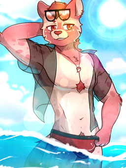 anthro belly black_clothing black_shirt black_topwear blue_sky body_hair bottomwear bottomwear_pull bright bulge chest_hair chest_tuft clothed clothing clothing_pull cloud cloudy_sky dripping ear_piercing ear_ring eyewear eyewear_on_head fur glistening hair hand_behind_head jewelry lens_flare looking_aside looking_offscreen male markings nature necklace open_clothing open_shirt open_topwear outside partially_submerged pecs piercing pink_body pink_fur pubes raised_arm red_body red_bottomwear red_clothing red_ears red_eyes red_fur red_hair red_nose red_speedo red_swimwear ring_piercing sea shark_tooth_necklace shirt sky slim slim_anthro slim_male smile solo speedo spots spotted_body spotted_fur standing striped_body striped_fur striped_markings striped_tail stripes sun sunglasses sunglasses_on_head sunny swimwear swimwear_pull tail tail_markings tan_belly tan_body tan_chest tan_fur tan_inner_ear teeth_showing topwear translucent translucent_clothing translucent_shirt translucent_topwear tuft underwater water wearing_sunglasses wet arvo_(artist) neru_michishige civet mammal viverrid 2026 3:4 digital_media_(artwork) hi_res