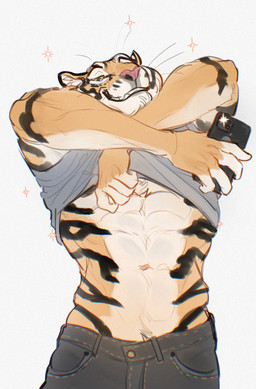 anthro athletic athletic_male black_stripes bottomwear cellphone clothing electronics front_view fur green_eyes grey_bottomwear grey_clothing grey_pants grey_topwear grin holding_object holding_phone looking_at_viewer male male_anthro narrowed_eyes navel pants phone pink_nose simple_background smartphone smile solo sparkles striped_body striped_fur stripes topwear undressing whiskers white_background justkiddinb felid mammal pantherine tiger hi_res sketch