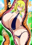 alien android animal_humanoid big_breasts bio-android_(dragon_ball) blonde_hair blue_highlights blush bodily_fluids breasts cell_(dragon_ball) cell_tail clothed clothing digital_media_(artwork) dragon dragon_ball dragon_ball_z dragon_humanoid duo eyes_closed female female_prey grass hair hi_res highlights_(coloring) horn horned_humanoid huge_breasts humanoid light_body light_skin machine male male/female male_pred miss_kobayashi's_dragon_maid mythological_creature mythological_scalie mythology navel outside plant quetzalcoatl_(dragon_maid) robot scalie shrub sweat swimwear tail tail_fetish tail_play tail_vore unusual_anatomy unusual_tail unusual_vore vore yakumodaisuki