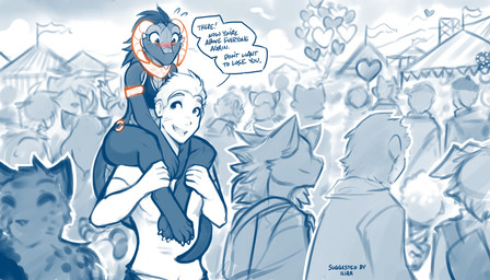 5_fingers ambiguous_gender anthro armlet biped blep blush blush_lines carrying_another claws clothed clothed_anthro clothed_female clothed_human clothed_male clothing crowd dialogue duo_focus female female_anthro fingers front_view fully_clothed fully_clothed_anthro fully_clothed_human fully_clothed_male fur group hair horn male male_human markings multicolored_body multicolored_scales on_shoulders outside scales smile spots spotted_body spotted_fur standing tail teeth text toe_claws tongue tongue_out tuft two_tone_body two_tone_scales conditional_dnp tom_fischbach twokinds keiren_(twokinds) madam_reni_(twokinds) canid canine canis cheetah felid feline human kobold mammal scalie wolf 2026 7:4 blue_and_white digital_drawing_(artwork) digital_media_(artwork) english_text hi_res monochrome sketch spot_color