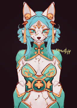 accessory anthro bell blue_eyes blue_hair breasts cleavage clothed clothing cracks facial_markings female hair hair_accessory hair_ribbon head_markings markings midriff navel porcelain ribbons simple_background solo standing topwear tube_top white_body manustuff canid canine fox mammal colored digital_media_(artwork) half-length_portrait hi_res portrait