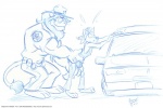 anthro arrested body_search car clothed clothing duo fondling frisking grope hat headgear headwear humor kerchief male male/male police standing surprise tail text unprofessional_behavior vehicle cooner canid canine canis felid lion mammal pantherine wolf 2011 3:2 blue_and_white monochrome url