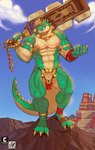 animal_genitalia aztec balls bodypaint chain gem genitals gold_(metal) green_body green_scales holding_macuahuitl holding_melee_weapon holding_object holding_weapon jewelry macuahuitl male melee_weapon nipple_piercing nipples nude piercing pose royalty ruby_(gem) scales sheath solo_focus weapon nexus namacuix_(hydroplane) dinosaur prehistoric_species reptile scalie theropod tyrannosaurid tyrannosauroid tyrannosaurus tyrannosaurus_rex hi_res pinup