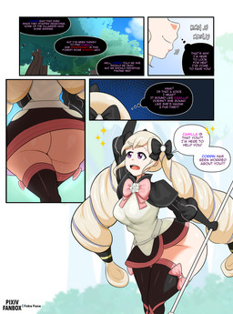 big_butt bottomless butt clothed clothing female hair huge_butt human_only light_body light_skin no_underwear not_furry purple_eyes text thick_thighs thought_bubble white_hair wide_hips fake_face_(artist) fire_emblem fire_emblem_fates nintendo elise_(fire_emblem) human mammal absurd_res comic english_text hi_res