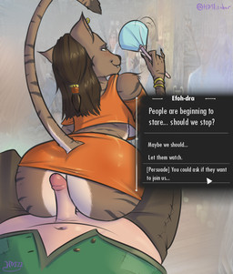 anthro big_butt brown_body brown_fur brown_hair butt clothed clothed_sex clothing dialogue duo ear_piercing exhibitionism female first_person_view from_behind_position fur futura_condensed_(font) genitals hair hot_dogging human_on_anthro human_pov interspecies jewelry male male/female outercourse paper_fan penis piercing public public_sex raised_tail sex stealth_sex stripes tail talking_to_viewer text tight_clothing white_body white_fur hashdrawingslasher microsoft the_elder_scrolls the_elder_scrolls_online felid human khajiit mammal english_text hi_res
