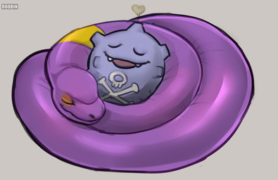 ambiguous_feral ambiguous_gender blue_body duo eyes_closed fangs feral grey_background mouth_closed open_mouth purple_body simple_background sleeping teeth text roobin nintendo pokemon ekans generation_1_pokemon koffing pokemon_(species) artist_name