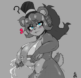 anthro areola barbell_piercing big_breasts blue_eyes blush blush_lines bodily_fluids breasts clothing emanata eyelashes female genitals glistening_eyelids hat headgear headwear heart_symbol huge_breasts lactating long_eyelashes motion_lines nipple_piercing nipples piercing pubes question_mark scut_tail short_tail solo standing sweat sweatdrop tail thick_thighs top_hat vulva wide_hips henriky_668 five_nights_at_freddy's fredina's_nightclub scottgames freddy_(fnaf) frenni_(cryptiacurves) bear mammal hi_res