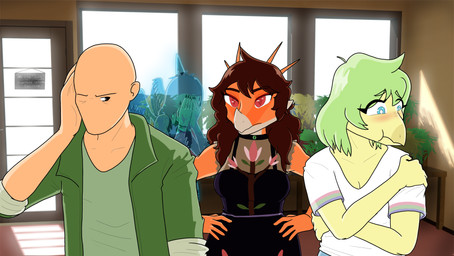 annoyed anthro bald biped black_clothing black_dress blue_eyes blush bone_frill breasts brown_hair clothed clothed_anthro clothed_female clothed_human clothed_male clothing day door dress eyebrows feathered_wings feathers female fingers floral_print frill_(anatomy) front_view frown green_body green_clothing green_hair green_jacket green_shirt green_topwear grey_body grey_feathers grey_hair group hair hand_on_face hand_on_head head_turned humanoid_hands inside jacket light long_hair looking_aside male non-mammal_breasts one_eye_closed open_clothing open_jacket open_topwear orange_body raised_inner_eyebrows red_eyes shirt standing sunlight tan_body topwear translucent translucent_body window wings worried areloch cavemanon_studios goodbye_volcano_high ko_op_(game_developer) snoot_game anon_(snoot_game) fang_(gvh) rosa_(gvh) stella_(gvh_beta) aquilops ceratopsian dinosaur ghost human mammal marginocephalian ornithischian prehistoric_species pterodactylus pterosaur reptile scalie spirit stegosaurian stegosaurus thyreophoran colored hi_res shaded