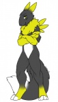 alternate_color anthro black_body black_fur clothing crossed_arms digitigrade featureless_crotch fur gloves handwear head_turned looking_at_viewer male neck_tuft simple_background solo tuft white_background white_body white_fur yellow_body yellow_eyes yellow_fur corgii bandai_namco digimon fan_character kly klystron canid canine digimon_(species) mammal renamon