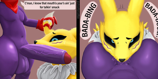 anthro balls big_balls big_penis black_sclera blue_eyes bodily_fluids cheek_bulge clothing deep_throat dripping duo ear_pull erection face_fucking face_squish fellatio femboy foreskin fur genital_fluids genitals gloves handwear huge_penis humanoid_genitalia humanoid_penis irrumatio kerchief larger_penetrated larger_sub long_penis looking_at_genitalia looking_at_penis looking_at_viewer looking_down looking_up male male/male male_anthro neck_tuft neckerchief neckwear oral oral_penetration partially_retracted_foreskin penetration penile penile_penetration penis penis_in_mouth purple_body purple_skin rough_sex sex short short_anthro short_male shortstack shortstack_male size_difference small_but_hung smaller_male squish submissive text thick_penis thick_thighs tuft vein veiny_penis wide_hips yellow_body yellow_fur ahoeforcoffee bandai_namco digimon canid digimon_(species) impmon mammal renamon 2022 english_text hi_res