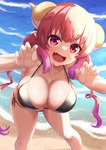 beach big_breasts bikini breasts claw_pose cleavage clothed clothing female flesh_fang hair horn leaning leaning_forward not_furry outside pink_hair red_eyes red_hair seaside side-tie_bikini solo string_bikini swimwear twintails_(hairstyle) two-piece_swimsuit sonaokun2 miss_kobayashi's_dragon_maid ilulu horned_humanoid humanoid digital_media_(artwork) hi_res