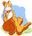 5_toes anthro barefoot butt clothing feet foot_focus fur gloves handwear humanoid_feet male plantigrade sitting soles solo toes luckymax2012 sega sonic_the_hedgehog_(series) miles_prower canid canine fox mammal absurd_res hi_res