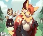 anthro blue_sky clothing duo fire male outside piercing plant shirt simple_background sky topwear tree white_clothing white_shirt white_topwear aymbord nintendo pokemon canid canine canis delphox generation_6_pokemon mammal pokemon_(species) wolf 2025
