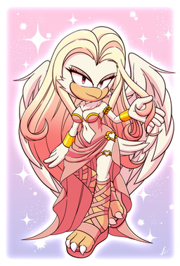 big_breasts bracelet breasts claws clothing feathered_wings feathers female footwear gold_(metal) heart_symbol jewelry navel neck_bulge red_eyes sandals shoes side-tie_clothing simple_background solo sparkles thick_thighs toe_claws wings xxkenthewolfxx sega sonic_the_hedgehog_(series) fan_character avian absurd_res hi_res