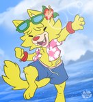 anthro beach clothed clothing fur hair outside sea seaside sky smile swimming_trunks swimwear tropical_shirt water nutty_bo nintendo warioware spitz_(warioware) domestic_cat felid feline felis mammal