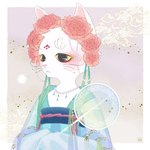 :< abstract_background accessory ambiguous_gender anthro asian_clothing biped black_eyes blue_clothing clothed clothing east_asian_clothing floral flower flower_crown flower_garland fully_clothed fur garland head_wreath japanese_clothing kemono kimono monotone_body monotone_fur obi obijime pink_inner_ear pink_nose plant solo standing whiskers white_body white_fur yellow_sclera daikon_(artist) white_cat_legend li_bing_(white_cat_legend) domestic_cat felid feline felis mammal 1:1 2021 absurd_res hi_res male_(lore)