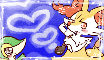 ambiguous_anthro ambiguous_gender anthro biped blush border duo food heart_symbol holding_object looking_at_viewer object_in_tail open_mouth shrimp_(food) simple_background smoking_pipe snout standing tail tobacco annyui0611 nintendo pokemon braixen canid generation_5_pokemon generation_6_pokemon mammal pokemon_(species) snivy 2022 digital_drawing_(artwork) digital_media_(artwork) half-length_portrait hi_res japanese_description portrait translated_description